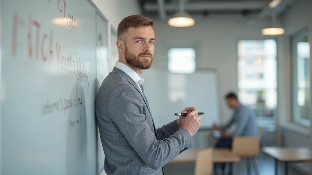 Leraar schrijft Nederlandse werkwoorden op een whiteboard in een klaslokaal