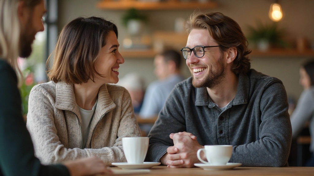 Twee mensen in gesprek in café, demonstrerend actieve oefening en praktische taalgebruik in natuurlijke omgeving